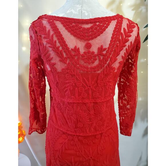 Express Baroque Red Lace 3/4 Sleeve Mini Cocktail Dress Womens Size S Scoop Neck - Picture 7 of 10